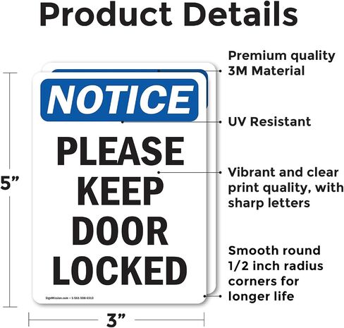 (2 Pack) Please Keep Door Locked OSHA Notice Sign 5 Inch X 3.5 Inch Vinyl Label Decal Sticker Weather Resistant, UV Protected for Workplace, Business, and Construction Site, Made in the USA in Saudi Arabia