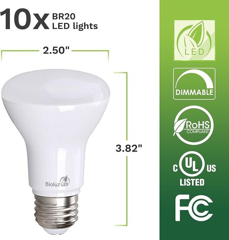Bioluz LED 10 Pack 90 CRI R20 BR20 LED Bulb 2700K Bright Warm White 6W = 50 Watt Replacement 540 Lumen Indoor/Outdoor UL Listed CEC Title 20 Compliant (Pack of 10) in Saudi Arabia