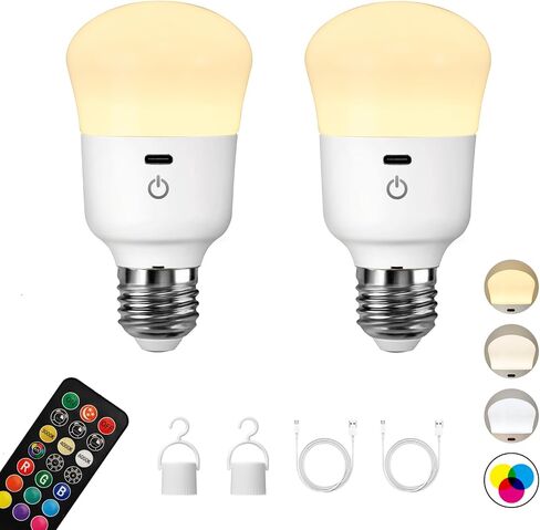 Rechargeable Light Bulb, with Remote Control, 50W Equivalent, Battery Operated LED Bulbs, Backup Emergency Light for Home or Outdoor, 3 Color Temperature, Dim & RGB, Timer, E26 Base, 2 Pack in Saudi Arabia