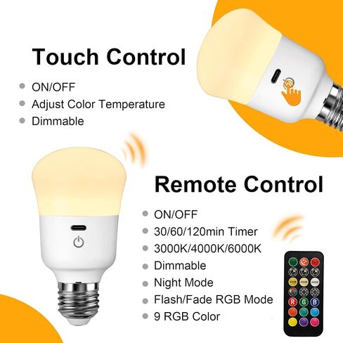 Rechargeable Light Bulb, with Remote Control, 50W Equivalent, Battery Operated LED Bulbs, Backup Emergency Light for Home or Outdoor, 3 Color Temperature, Dim & RGB, Timer, E26 Base, 2 Pack in Saudi Arabia