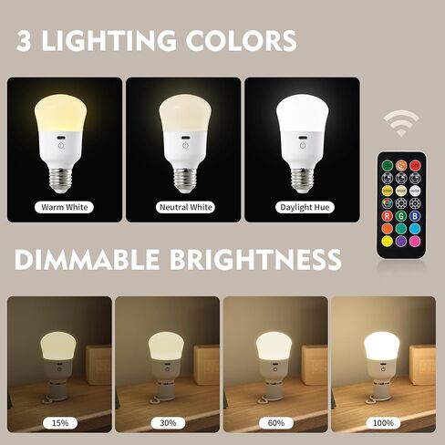 Rechargeable Light Bulb, with Remote Control, 50W Equivalent, Battery Operated LED Bulbs, Backup Emergency Light for Home or Outdoor, 3 Color Temperature, Dim & RGB, Timer, E26 Base, 2 Pack in Saudi Arabia