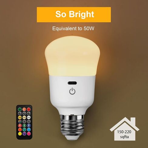 Rechargeable Light Bulb, with Remote Control, 50W Equivalent, Battery Operated LED Bulbs, Backup Emergency Light for Home or Outdoor, 3 Color Temperature, Dim & RGB, Timer, E26 Base, 2 Pack in Saudi Arabia