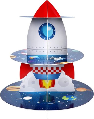 Space Cupcake Holder, Rocket Theme Birthday 3 Tier Cardboard Cupcake Stand, Galaxy Style Dessert Tower Display for Party Supplies Decoration in Saudi Arabia