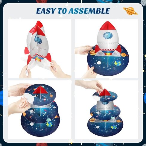Space Cupcake Holder, Rocket Theme Birthday 3 Tier Cardboard Cupcake Stand, Galaxy Style Dessert Tower Display for Party Supplies Decoration in Saudi Arabia