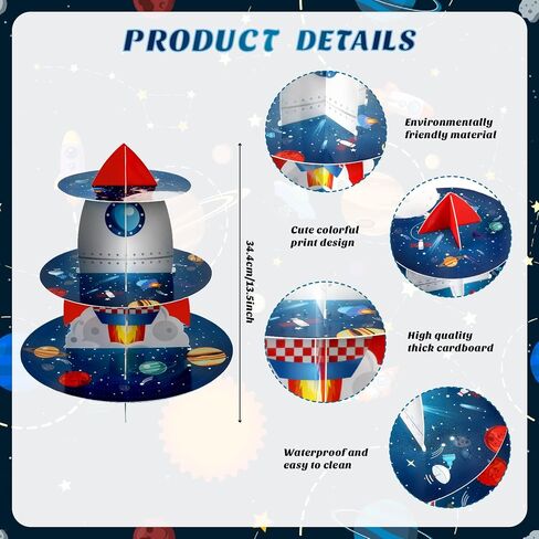 Space Cupcake Holder, Rocket Theme Birthday 3 Tier Cardboard Cupcake Stand, Galaxy Style Dessert Tower Display for Party Supplies Decoration in Saudi Arabia
