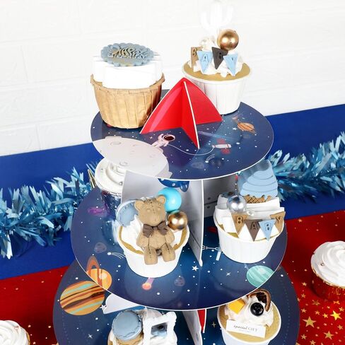 Space Cupcake Holder, Rocket Theme Birthday 3 Tier Cardboard Cupcake Stand, Galaxy Style Dessert Tower Display for Party Supplies Decoration in Saudi Arabia