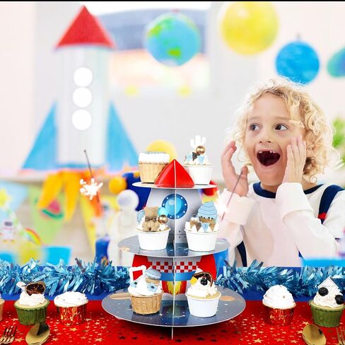 Space Cupcake Holder, Rocket Theme Birthday 3 Tier Cardboard Cupcake Stand, Galaxy Style Dessert Tower Display for Party Supplies Decoration in Saudi Arabia