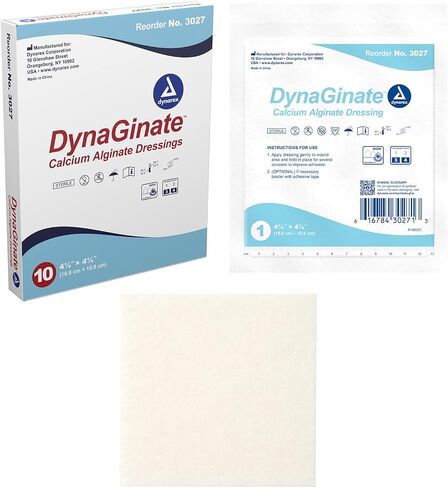 Dynarex DynaGinate Calcium Alginate Wound Dressing - Sterile, Non-Stick Topical Wound Pads - Absorbent Gel Patches for Moderate to High Exuding Cuts - for Medical & Home Use - 4.25"x 4.25", Box of 10 in Saudi Arabia