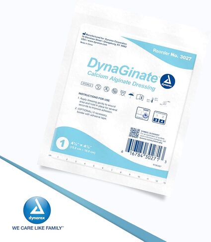 Dynarex DynaGinate Calcium Alginate Wound Dressing - Sterile, Non-Stick Topical Wound Pads - Absorbent Gel Patches for Moderate to High Exuding Cuts - for Medical & Home Use - 4.25"x 4.25", Box of 10 in Saudi Arabia
