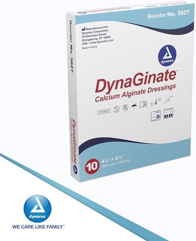 Dynarex DynaGinate Calcium Alginate Wound Dressing - Sterile, Non-Stick Topical Wound Pads - Absorbent Gel Patches for Moderate to High Exuding Cuts - for Medical & Home Use - 4.25"x 4.25", Box of 10 in Saudi Arabia