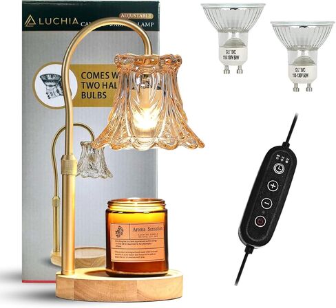 LUCHIA Electric Candle Lamp with Trimer | Dimmable Wax Melt Warmer for Scented Wax with 2 Bulbs | Adjustable Height, Candle Lamp for Candle Jars (Golden Glass Lamp) in Saudi Arabia