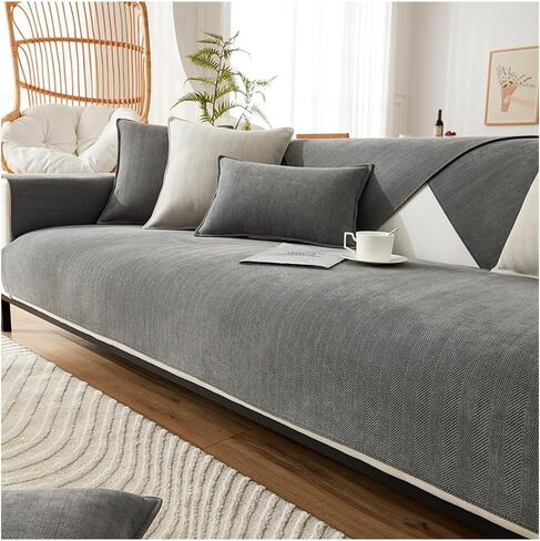 Herringbone Chenille Sofa Slipcover, Furniture Protector Sofa Covers Universal Non-Slip L Shape Couch Cover Quilted Corner Slipcovers for Living Room (Dark Grey, 90 * 210cm/36''x82'') in Saudi Arabia