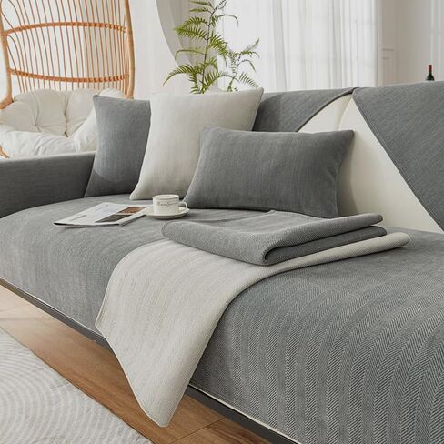 Herringbone Chenille Sofa Slipcover, Furniture Protector Sofa Covers Universal Non-Slip L Shape Couch Cover Quilted Corner Slipcovers for Living Room (Dark Grey, 90 * 210cm/36''x82'') in Saudi Arabia