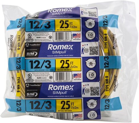 Southwire Romex Brand Simpull Solid Indoor 12/3 W / G كابل NMB ملف 25 قدم - SW # 63947621 in Saudi Arabia