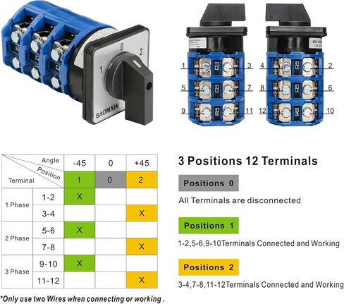 Baomain 160A Rotary Selector Cam Changeover Switch, SZW26-160/D303.3 AC 660V 3 Positions 3 Phase 12 Terminals Cam Switch in Saudi Arabia