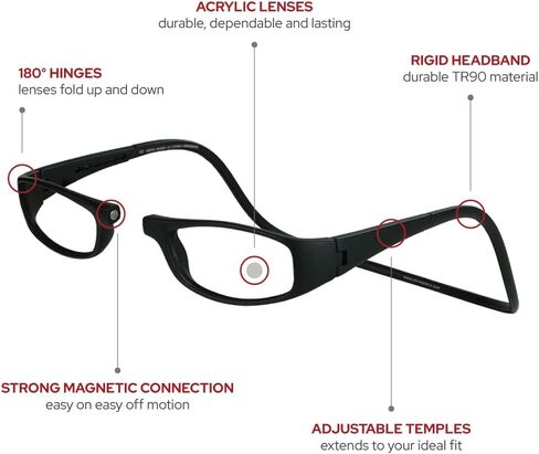 نظارات قراءة مغناطيسية من كليك، قارئات كمبيوتر، عدسات قابلة للاستبدال، أذرع قابلة للتعديل، يورو، (أسود، تكبير 1.25) in Kuwait