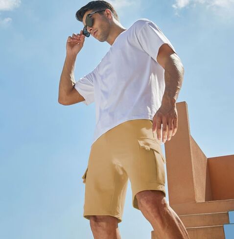 شورت JMIERR رجالي Cargo Sweat - شورت كاجوال برباط خصر مطاطي من القطن الرياضي للتمرين في صالة الألعاب الرياضية مع 5 جيوب in Kuwait