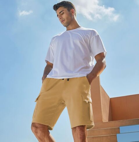 شورت JMIERR رجالي Cargo Sweat - شورت كاجوال برباط خصر مطاطي من القطن الرياضي للتمرين في صالة الألعاب الرياضية مع 5 جيوب in Kuwait