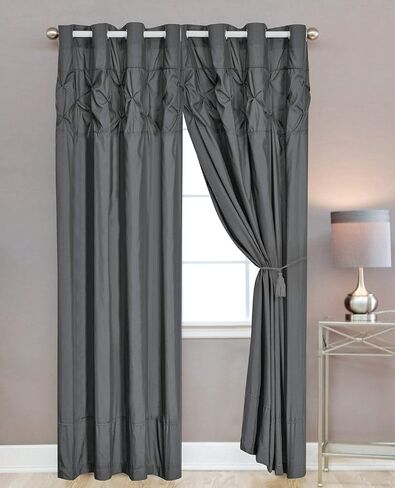 WPM 4 Piece Curtain Set; 2 Panels and Tie Backs Pintuck Designs Grey Color Drapes- JN1 (Grey) in Saudi Arabia
