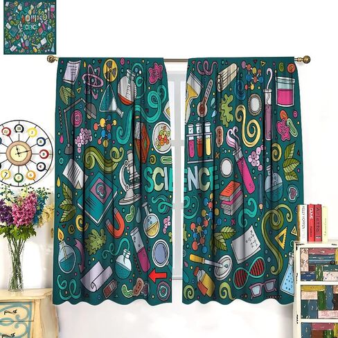 Science Kids Blackout Windows Curtains, Science Lab Book Equations Magnifying Glasses Molecular Flasks Printed Curtains, for Children Boys Girls Living Room Bedroom Decoration 42x45in 2 Panels in Saudi Arabia