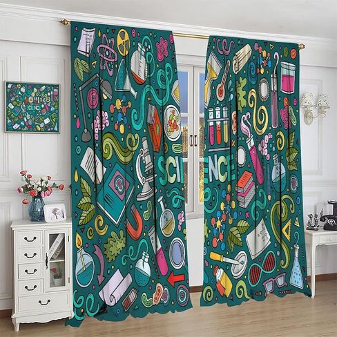Science Kids Blackout Windows Curtains, Science Lab Book Equations Magnifying Glasses Molecular Flasks Printed Curtains, for Children Boys Girls Living Room Bedroom Decoration 42x45in 2 Panels in Saudi Arabia