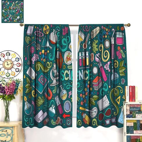Science Kids Blackout Windows Curtains, Science Lab Book Equations Magnifying Glasses Molecular Flasks Printed Curtains, for Children Boys Girls Living Room Bedroom Decoration 42x45in 2 Panels in Saudi Arabia
