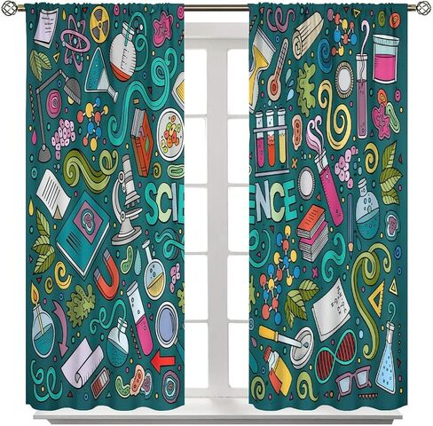 Science Kids Blackout Windows Curtains, Science Lab Book Equations Magnifying Glasses Molecular Flasks Printed Curtains, for Children Boys Girls Living Room Bedroom Decoration 42x45in 2 Panels in Saudi Arabia
