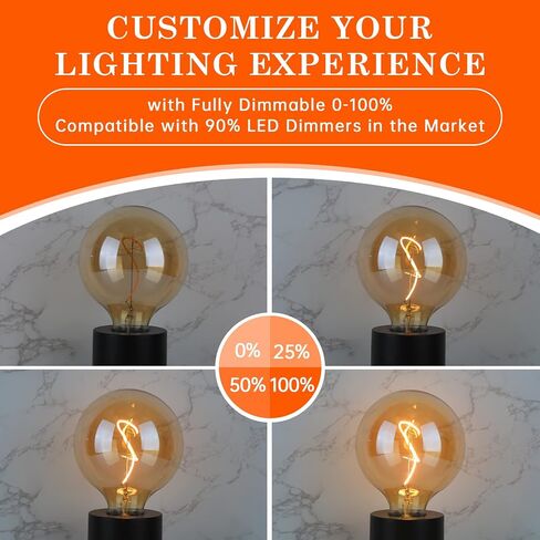 G125 Amber Glass Large Oversized Dimmable LED Edison Bulb, E26 2200K Warm White Extra Big Round Vintage Light Bulbs, 4 watt 150LM Decorative Globe Bulbs for Bedroom Living Room Bar and cafe in Saudi Arabia