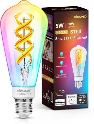DiCUNO Smart Edison Bulb ST64, Color Changing WiFi Smart Light Bulb, Vinatge ST21 Filament Bulb Work with Alexa & Google, Dimmable with App, 50 Watt Equivalent 450LM, No Hub Required, 1 Pack in Saudi Arabia