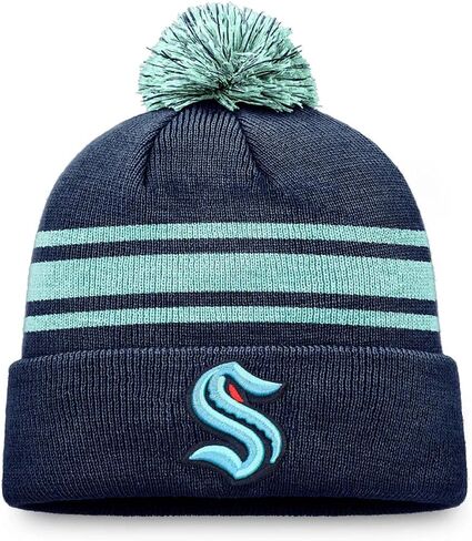 Outerstuff Seattle Kraken مقاس شبابي مخطط بشعار الفريق مع قبعة منسوجة من Pom Beanie، باللون الأزرق الداكن in Saudi Arabia