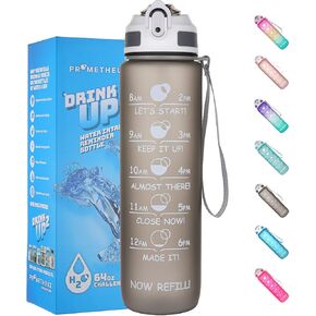 Prometheuz 32oz Water Bottle with Straw, Motivational Water Bottle with Time Marker, Leakproof & BPA-Free for Sports, Work and Fitness Baby Blue-Yellow-Pink