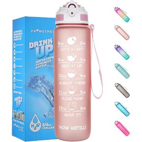 Prometheuz 32oz Water Bottle with Straw, Motivational Water Bottle with Time Marker, Leakproof & BPA-Free for Sports, Work and Fitness Baby Blue-Yellow-Pink