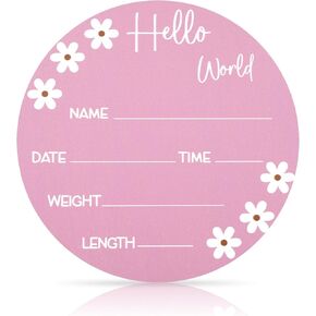 Baby Name Sign, 5.9in Wooden Hello World Sign Daisy Wooden Baby Announcement Card Birth Baby Name Plaques for Newborn Boys Girls Photography Props Baby Shower Gifts Hospital Nursery(Rose Red)