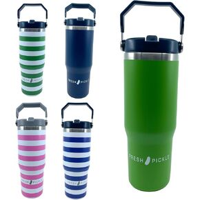 30 oz Stainless Steel Insulated Travel Mug, Green, Leak Proof Lid, Flip Straw, Fits Cup Holders, Pickleball Gift