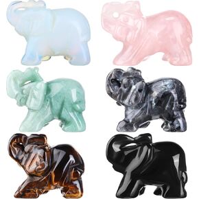 6 Pieces Rose Quartz Elephant Healing Crystal Stones Opalite Green Aventurine Labradorite Tiger's Eye Black Obsidian Elephant Pocket Statue Kitchen Guardian Healing Figurine Decor for Home, 1.5 Inch