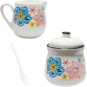 Ceramic Sugar and Creamer Set of 3,Sugar Container/Sugar Bowl with Lid and Spoon,Cream Pitcher/Creamer Container,Coffee Bar Accessories