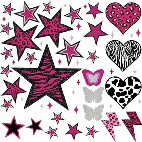 100PCS Y2K Room Decor Aesthetic Wall Decal, 2000s Mcbling Vinyl Peel and Stick Stickers for College Teen Girls Bedroom, Pink Stars Trashy Y2k Decorations for Women Apartment.