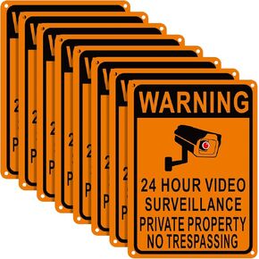 8 Pack Private Property No Trespassing Sign 24 Hour Video Surveillance Sign Outdoor 7 x 10'' Reflective Aluminum Security Camera Sign for Home Business Driveway Safety(Orange)