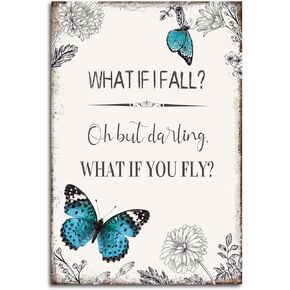 Inspirational Quote Canvas Wall Art : Motivational Posters Blue Butterfly Flower Picture Framed, What if I Fall Positive Affirmations Bedroom Decor Gift for Women Girl 10" x 15"