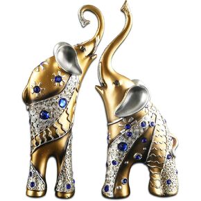 Mose Cafolo Set of 2 pcs Pair of Large 12" Tall Golden Feng Shui Thai Elephant Statues Figurines with Beautiful Blue Gem Wealth Lucky Figurine Gift & Home Décor