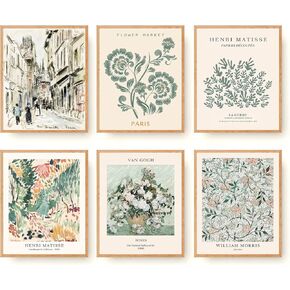 Sage Green Matisse Wall Art Prints Set of 6 Canvas Vintage Eclectic Aesthetic Abstract Gallery Floral Van Gogh William Morris Flower Market for Bedroom Living Room Decor (8"x10" UNFRAMED)