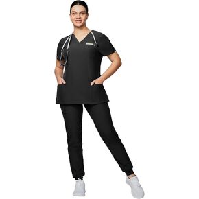 Medical Scrub Set For Women - Modern V-Neck Scrub Top & Slim Jogger Scrub Pants, 8 Pockets, Anti-Wrinkle