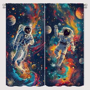 Space Astronaut Window Curtains for Kid Girls Boys Bedroom, Cartoon Flying Stars Planets Rod Pocket Thermal Insulated Darkening Curtains for Bedroom Living Room, W42xL45 Inch Decor