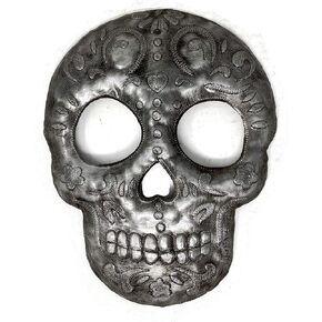 Skeleton Decor, Sugar Skull, Day of the Dead, Halloween, Decorative Metal Wall Hanging Voodoo Plaque, Upcycled Artwork from Haiti 6 x 10 Inches