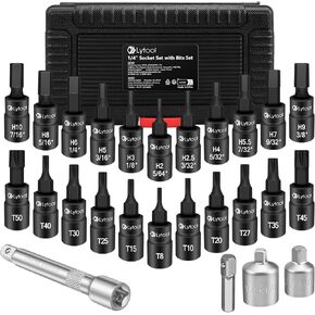 Lytool Torx and HEX Bit Socket Set, 25PCS 1/4" Allen Key Star Socket, 1/2" & 3/8" Socket Drive Adaptor, for Torque Wrench, Ratchet Wrench, Impact Power Drills