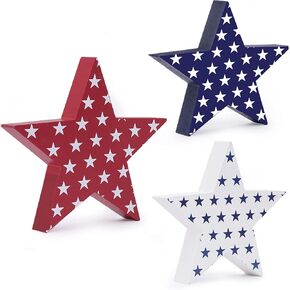 3 Pieces Independence Day Wooden Star Signs Patriotic Wooden Star Standing Blocks Freestanding Table Signs for 4th of July Amercian Independence Day Party Home Decoration