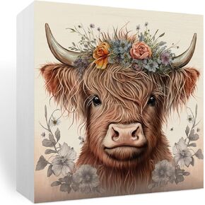 Hay Girl Highland Cow Wooden Box Sign Decor Desk Sign, Western Gemstone Turquoise Decor, Highland Cow Gifts, Western Sunflowers Decor Desk Decor Sign for Home Office Bathroom Shelf Decor