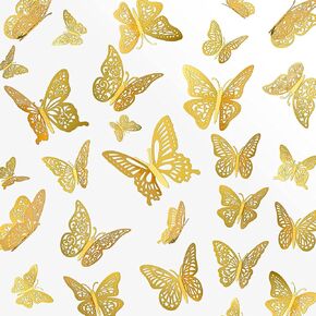 48 Pcs 3D Gold Wall Decor Butterfly Set I 4 Styles 3 Size Butterfly Decorations I Wedding Decor & Birthday Decorations Wall Decor Aesthetic I Boys & Girls Room Decor Gold Wall Decor Butterfly Stickers