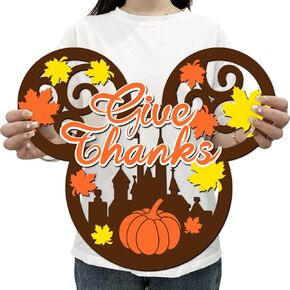 Thanksgiving Door Decorations Fall Mouse Wooden Door Hanging Sign Give Thanks Maple Leaf Pumpkin Fall Decorations for Thanksgiving Party Indoor Outdoor Wall Decor