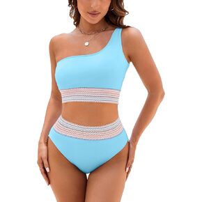 One Shoulder Swimsuits Womens High Waisted Bikini Sets 2 Piece Tummy Control Full Coverage Bathing Suits